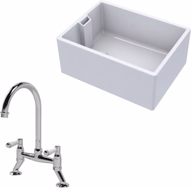 Balterley Traditional Fireclay Kitchen Bundle: White 1 Bowl Belfast Sink with Bridge Mixer Tap