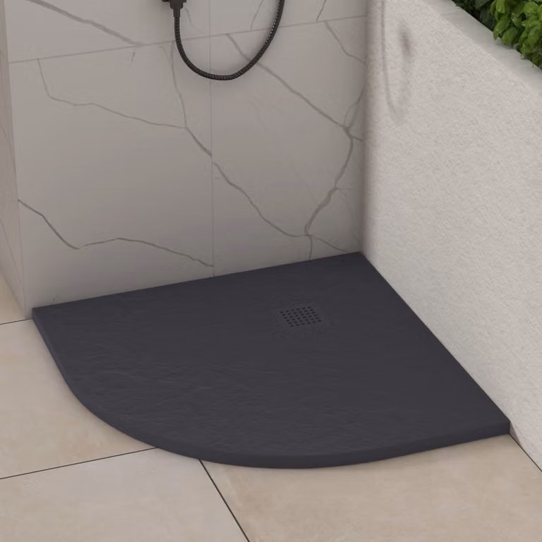 Luxor Quadrant Corner Shower Tray in Grey Slate Effect with Grey Grate, Mineral Cast and Anti-Slip Surface