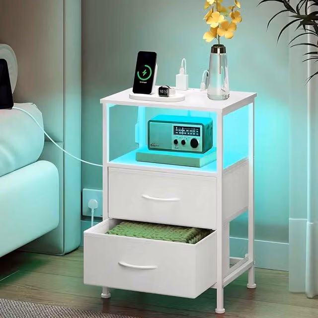 The Bazaarist Modern White LED Bedside Table with 2 Drawers and USB Charging Station