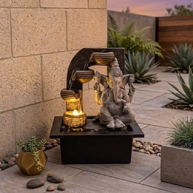Garden Greatness Ganesh Elephant LED Water Feature in Grey and Multicolour Resin, W/D/H: 26 x 21 x 18 cm