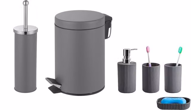 Innoteck 6 Piece Grey Bathroom Set with 3L Bin, Toilet Brush, Tumbler, Soap Dish and Soap Dispenser