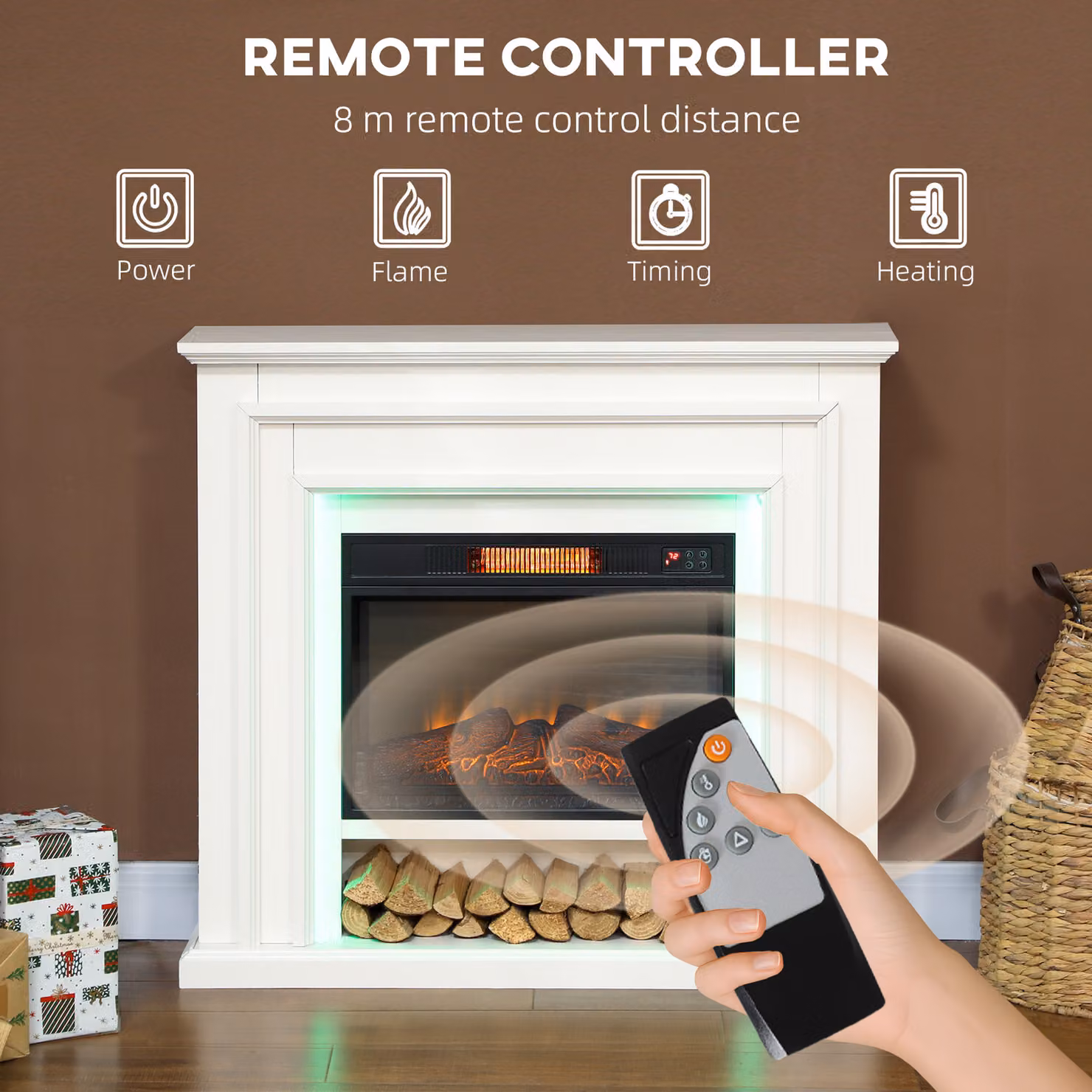 HOMCOM White Inset Electric Fireplace with RGB LED Lights, Realistic Flame Effect, 1800W, Remote and Timer – 3