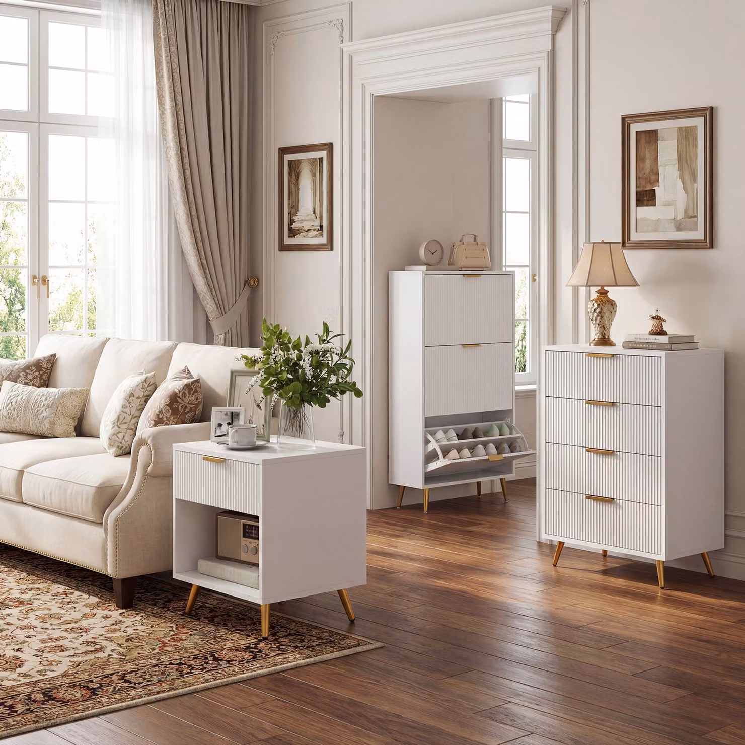 HOMCOM Modern Narrow White and Gold Shoe Cabinet with 3 Tilting Compartments and Metal Details – 3