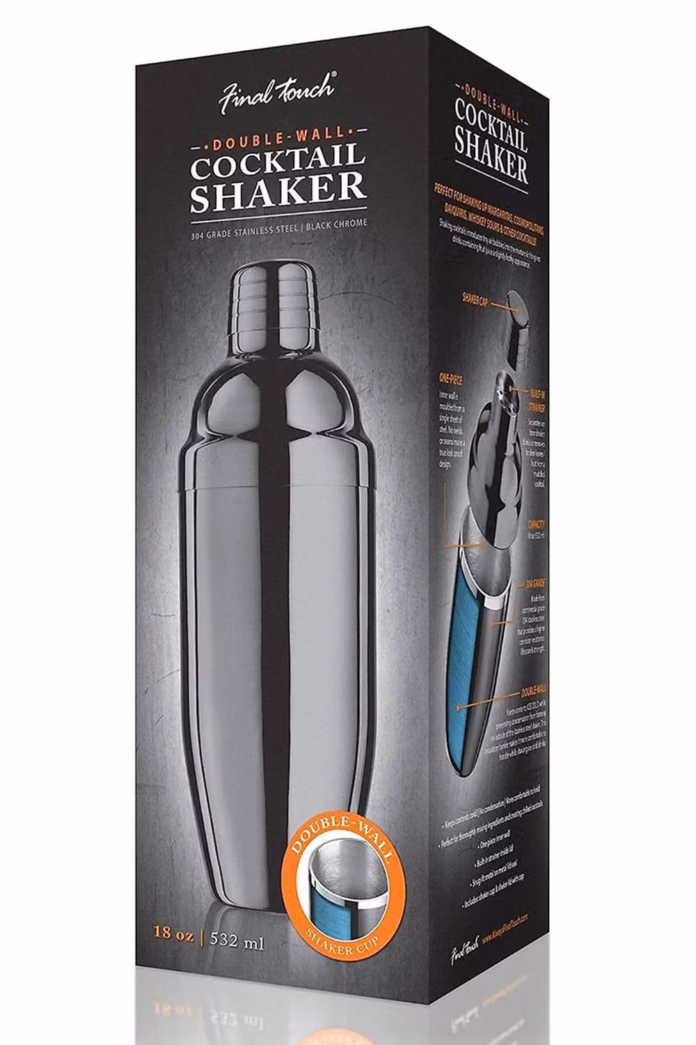 Final Touch Black Chrome Stainless Steel Double Wall Cocktail Shaker, 415ml – 4