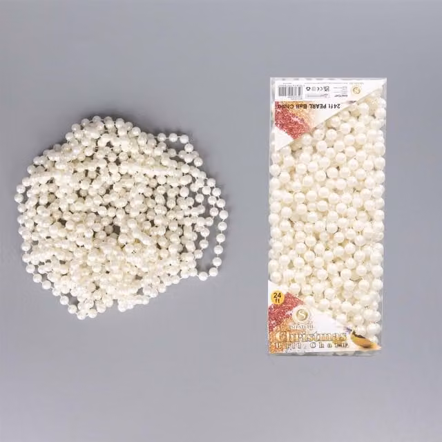 Shatchi Pearl Shiny Christmas Bead Chain Metallic Garland in Off-White, 7.2m