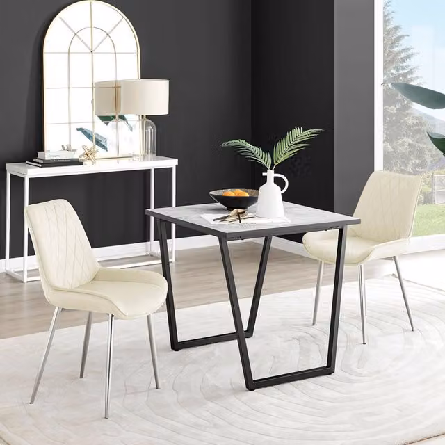FurnitureboxUK Carson White Marble Effect Square Dining Table and 2 Pesaro Silver Chairs in Cream