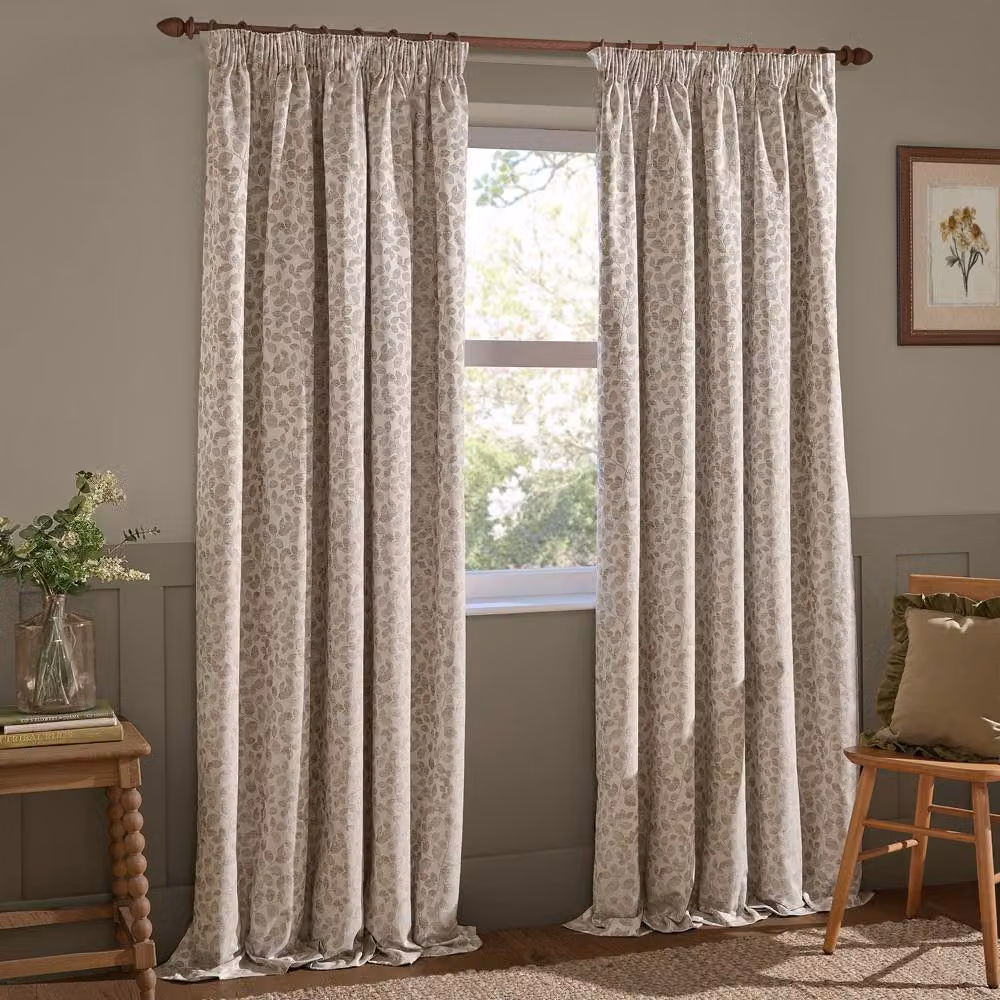 Wylder Grace Leaf Jacquard Fully Lined Pencil Pleat Curtain Pair in Natural, Width: 168 cm, Drop: 137 cm – 2