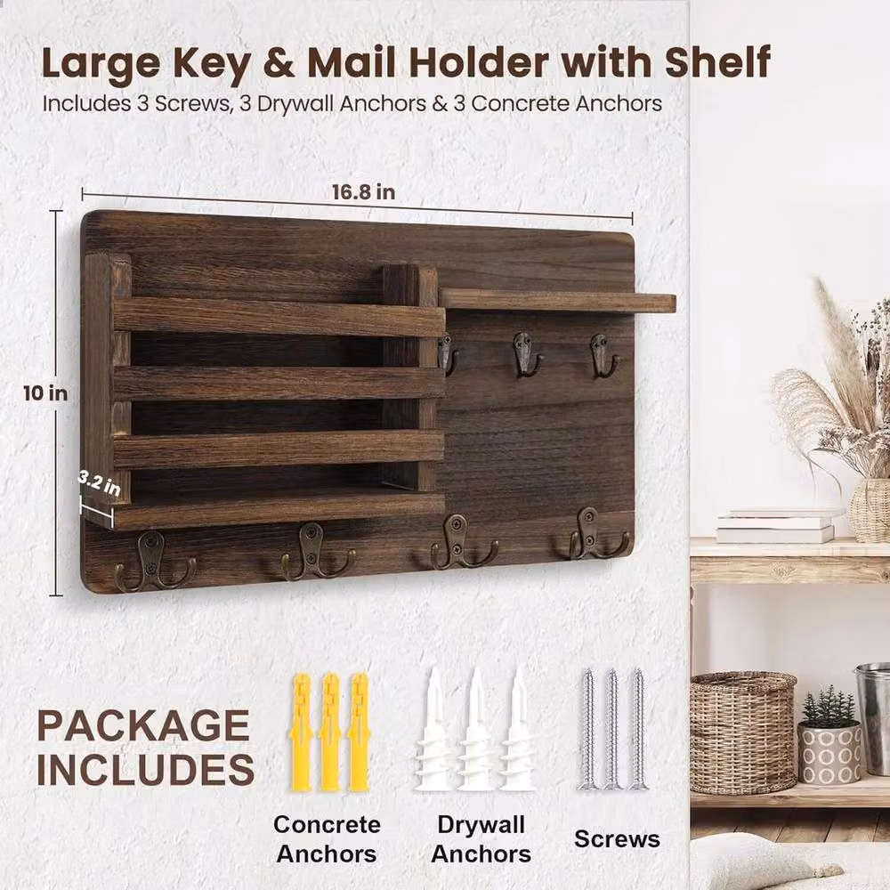 Nekon Rustic Wood Wall Mounted Key Holder and Mail Rack with Shelf in Brown and White – 2