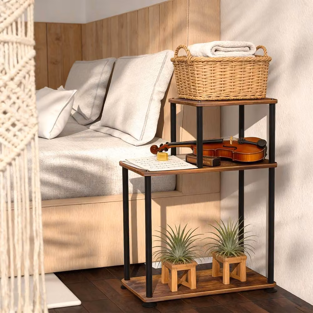Ventryn 3-Tier Industrial Side Table with Metal Frame in Brown and Black, H: 67 cm x W: 40 cm x D: 3 cm – 3