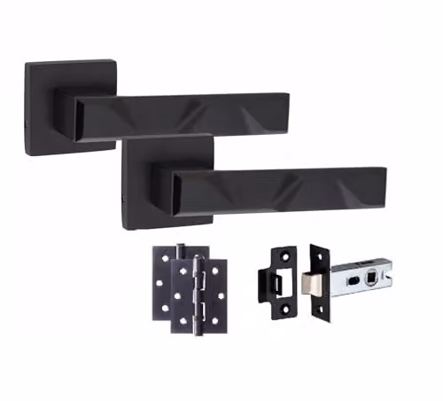 Golden Grace Nova Door Handles with 3 inch Hinges and Latch in Matt Black Finish