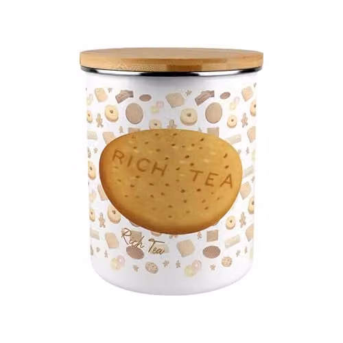 Purely Home Extra Large Rich Tea Biscuit Design Enamel Storage Canister in Multicolour and White