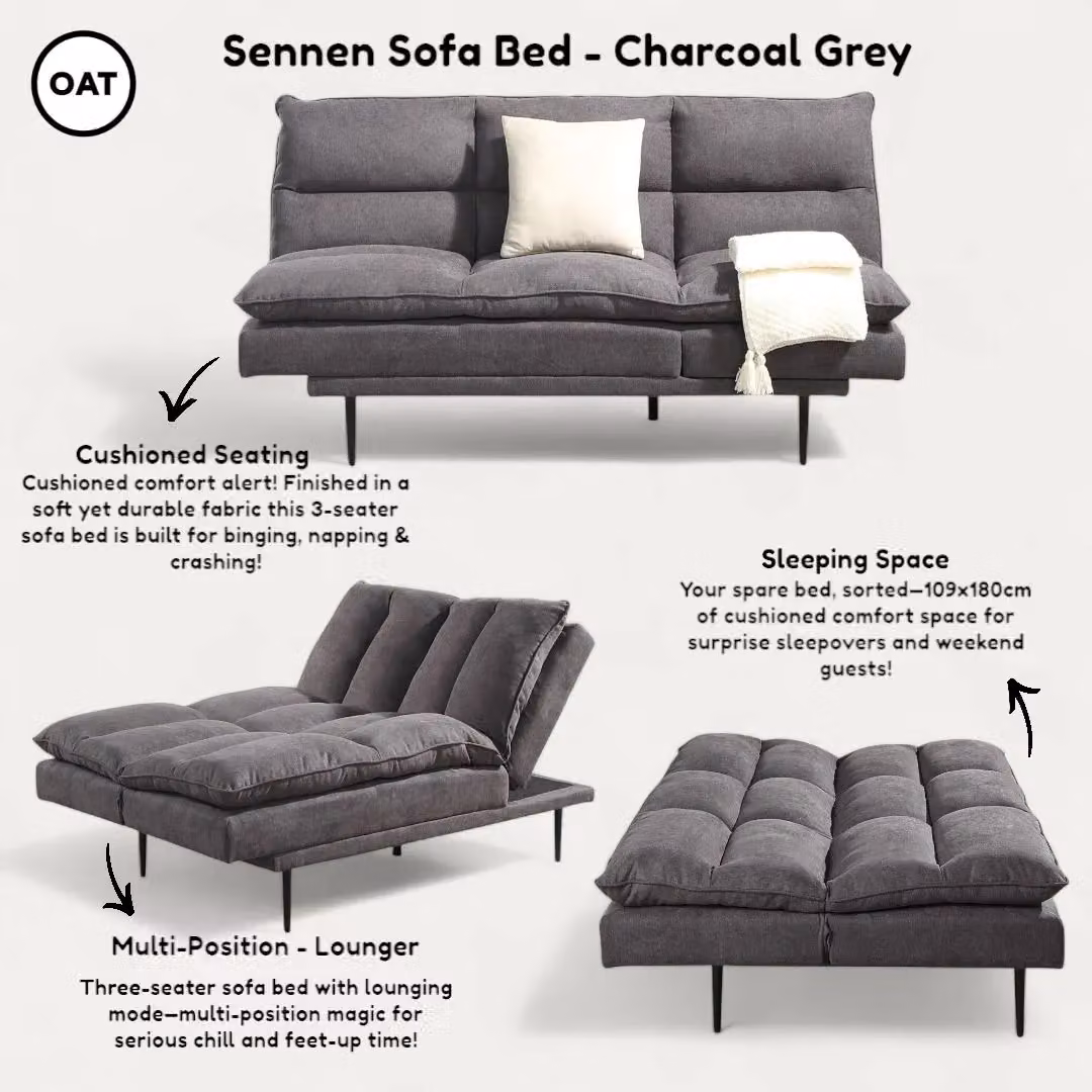 OAT Home Sennen 3 Seater Click Clack Sofa Bed in Charcoal Grey Fabric – 4