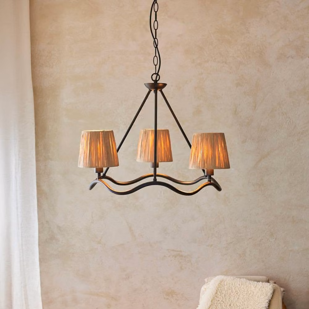 Netlighting Wriggle Multi Arm Pendant Light in Matt Black with Rattan and Fabric Details, 3x E14 – 1
