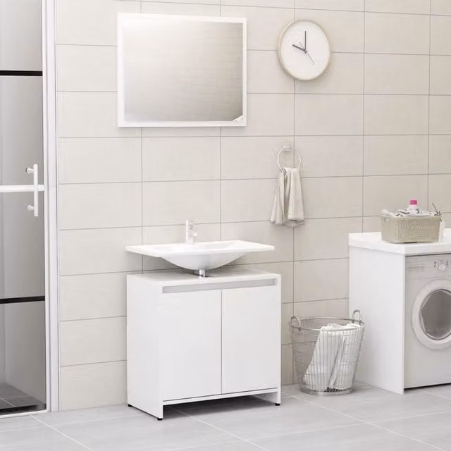 Berkfield Home Modern White High Gloss Bathroom Furniture Set with Mirror Cabinet and Vanity Unit