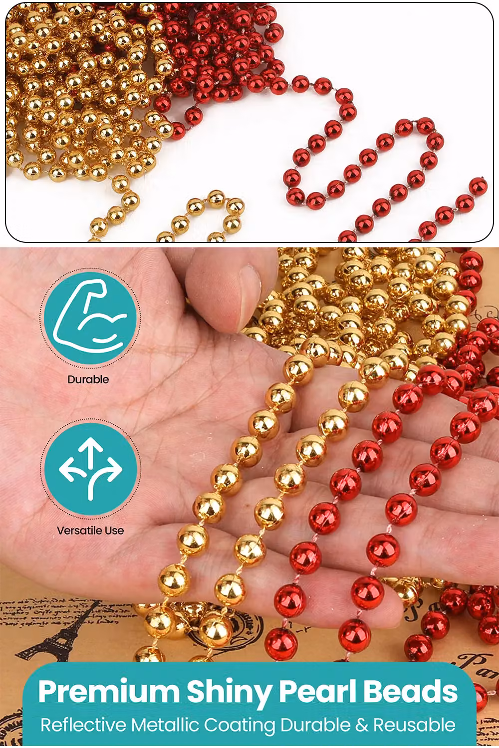 Neel Blue Red and Gold Christmas Metallic Bead Chain 7.5mm Pearl Garland – 3