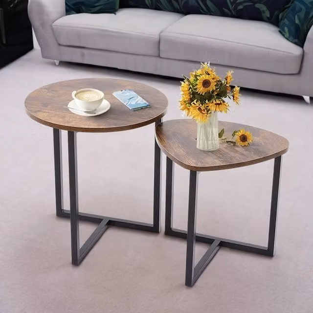 EONLION Set of 2 Industrial Round Nesting Coffee Tables in Brown and Black – 1