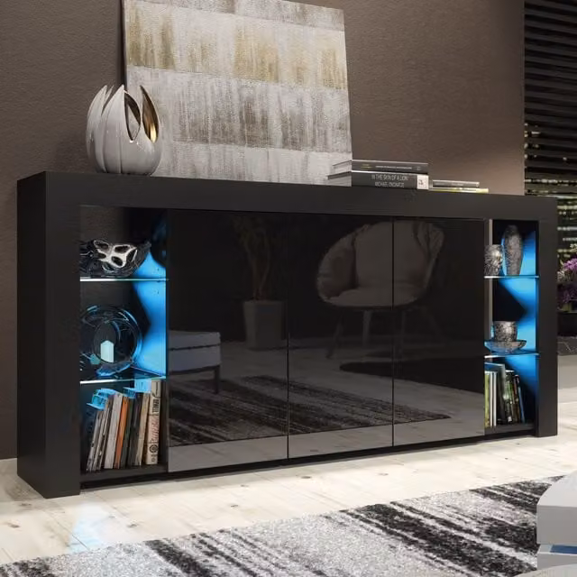 Creative Furniture Eden Sideboard in Black with Glossy Doors and Integrated Lighting, Width: 164 cm – 1