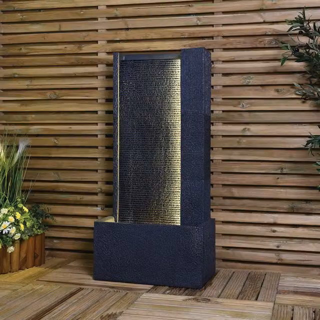 Ornate Collection Textured Ripple Rectangular Wall Water Fountain in Grey
