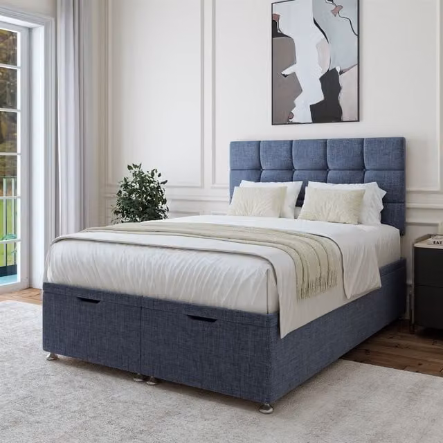 Bedmaster Single Linen Ottoman Divan Base and Square Headboard in Midnight Blue