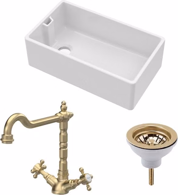 Balterley White Ceramic 1 Bowl Belfast Sink with Brushed Brass Strainer Waste and Tap, W: 795 mm