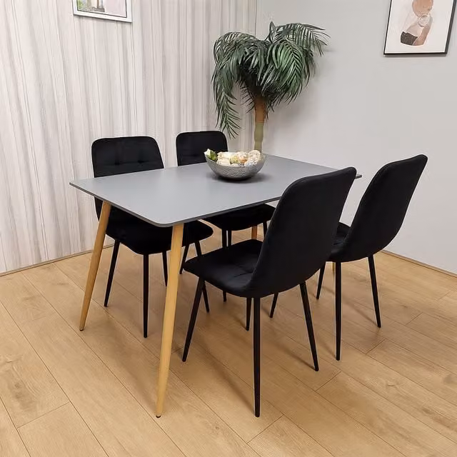 Kosy Koala Modern Dining Set with Grey Oak Effect Rectangular Table and 4 Black Velvet Chairs