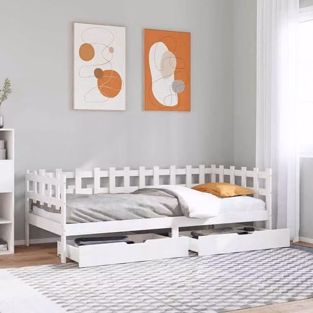 Berkfield Home White Solid Wood Single Daybed with Drawers W/D/H: 90 x 190 cm
