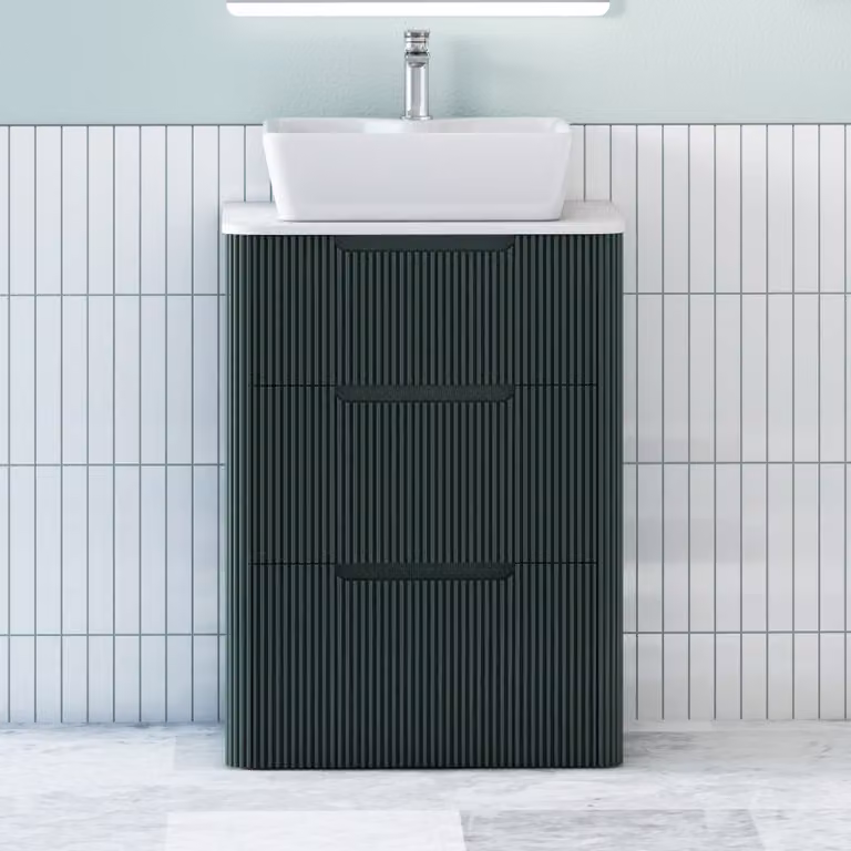 Royal Bathrooms Avenza Floor Standing Vanity Unit with Cube Basin, Moss Green and White, 3 Drawers and Soft Close Doors