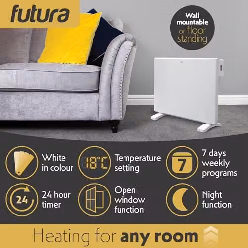 Futura 1000W Convector Electric Panel Heater with Timer and Thermostat, White, Wall Mounted or Freestanding – 3