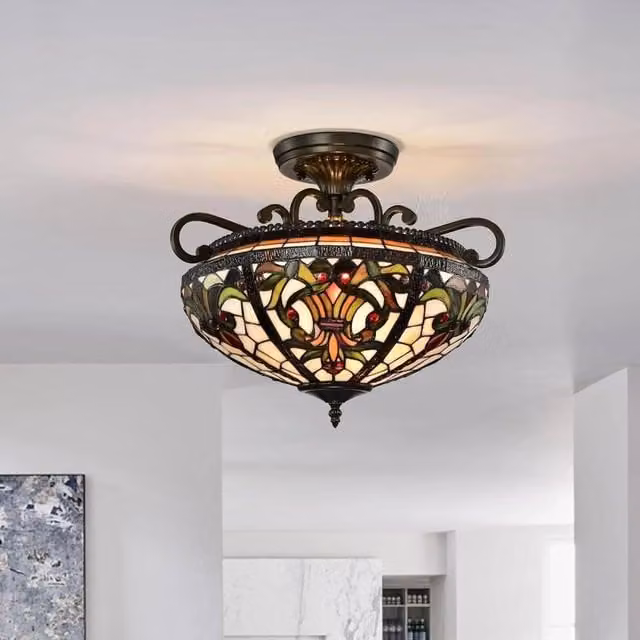 SPETLEK Tiffany Style Semi Flush Ceiling Light in Bronze with Multicolour Stained Glass