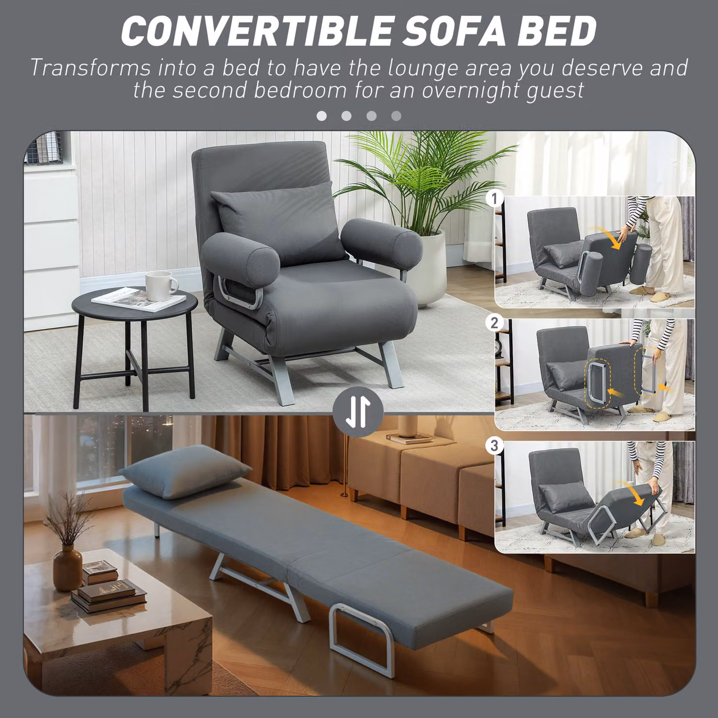 HOMCOM 3-in-1 Convertible Single Sofa Bed in Grey with Adjustable Backrest and Armrests – 4