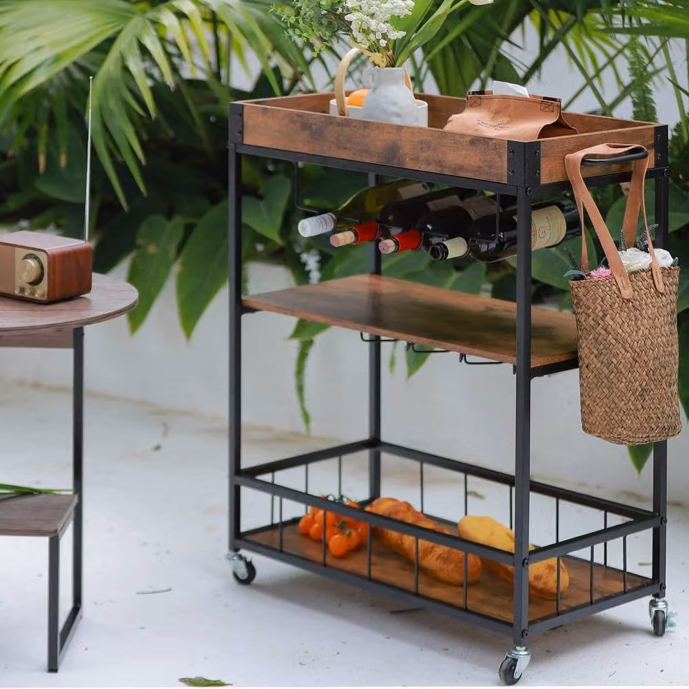 Huhote Brown Bar Cart with Wine Rack and Glass Shelves and Wheels – 7