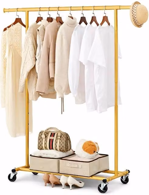 FLAVORA Gold Heavy Duty Extendable Clothes Rail with Glossy Metal Top Bar
