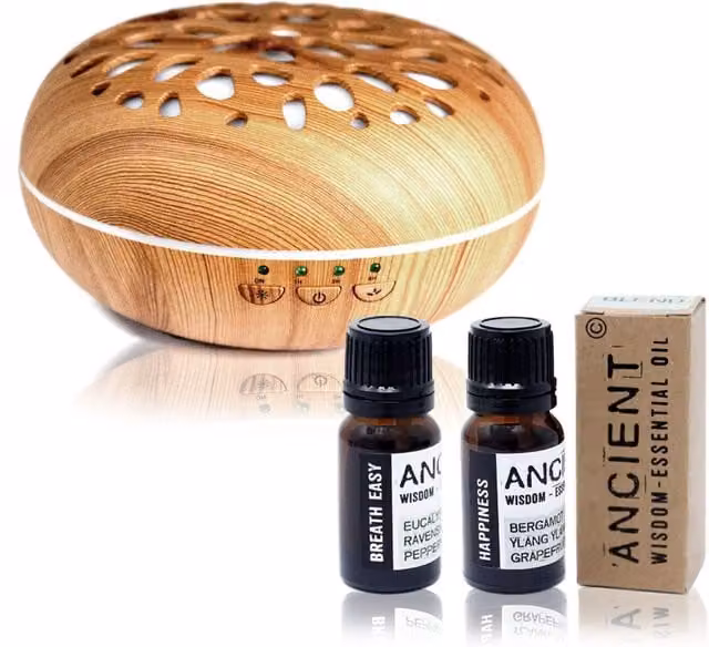 KDMK Oslo Aroma Diffuser Set with Two Essential Oil Blends, Brown Wood Tabletop Electric USB Diffuser