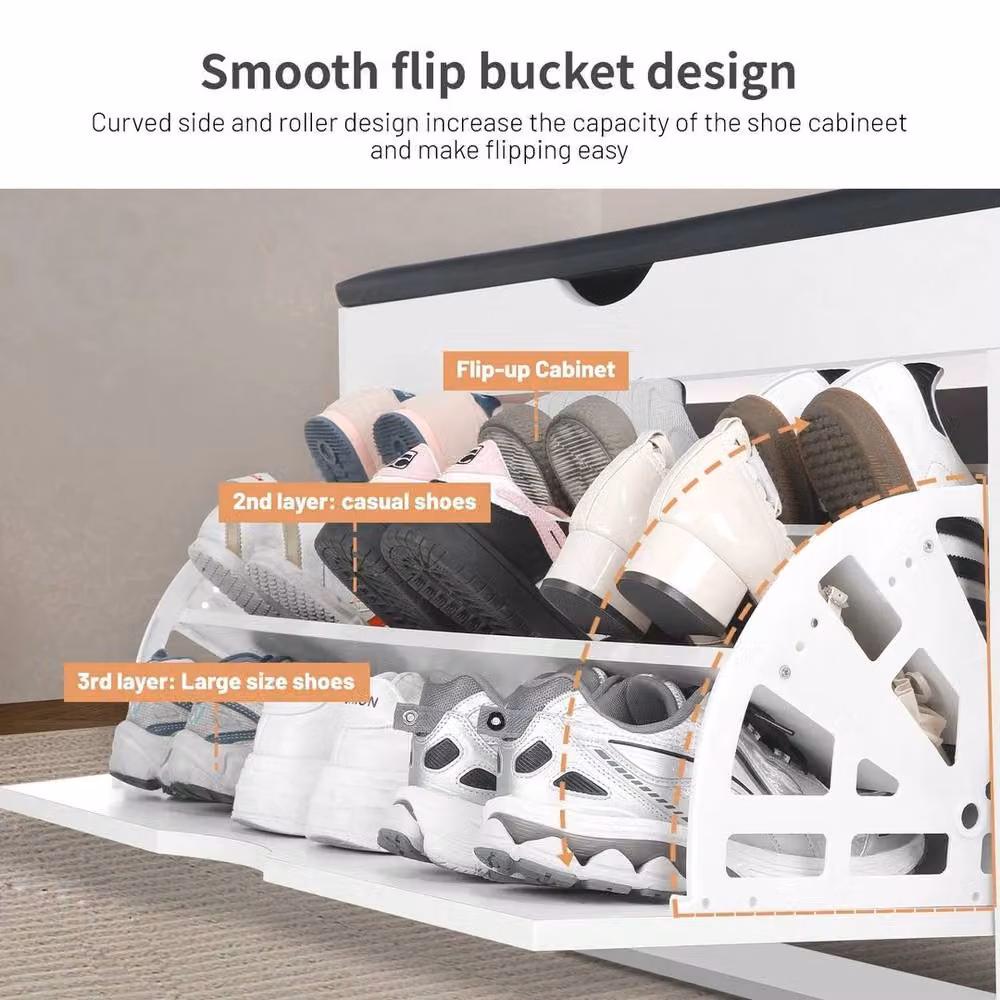 SPETLEK Shoe Rack Bench in White with Synthetic Leather Upholstery – 4