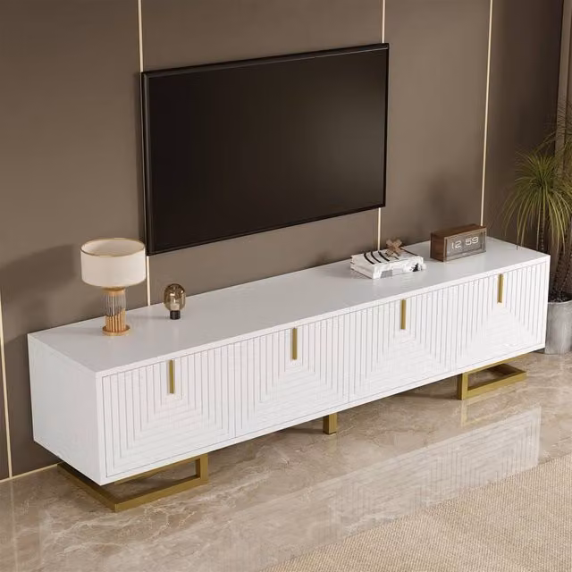 Merax Modern White TV Stand with 4 Geometric Textured Doors and Gold Legs, W: 160 cm, D: 44.5 cm, H: 44.5 cm – 1