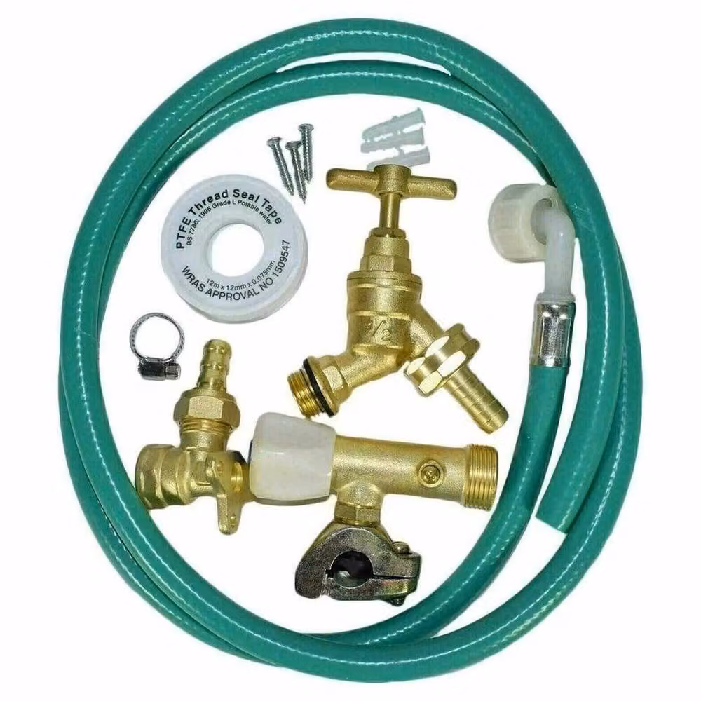 VOGREX Brass Wall-Mounted Garden Tap Kit with Green Hose Connector – 3