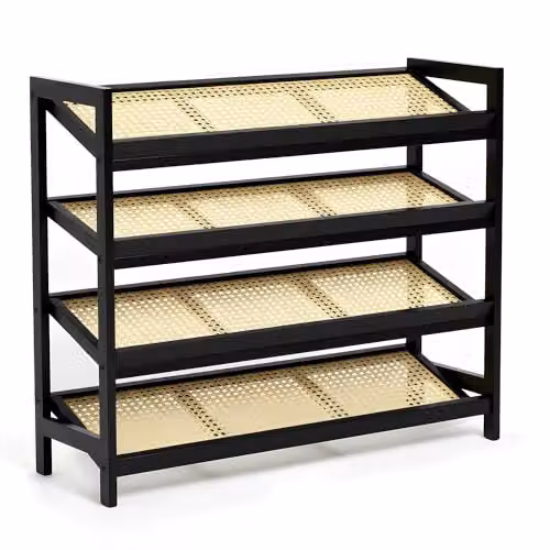 Keplin 4 Tier Bamboo and Rattan Shoe Organiser Rack in Black and Natural – 9