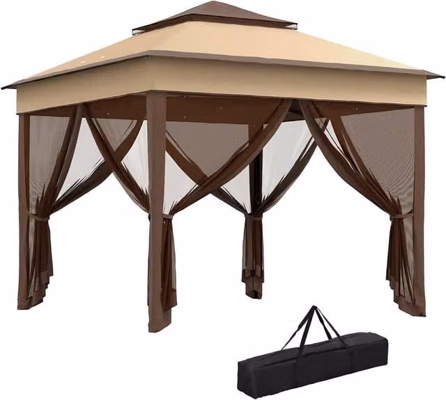 Outsunny Pop Up Gazebo with Netting and Carry Bag, Beige and Brown, W: 300 cm, D: 300 cm, H: 252 cm – 1