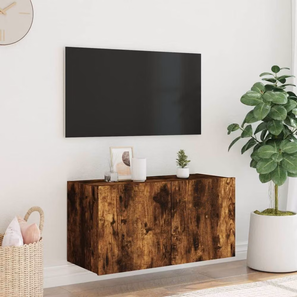 Berkfield Home Modern Wall-Mounted TV Cabinet with Integrated LED Lights in Smoked Oak Brown, W: 80 cm, D: 35 cm, H: 41 cm – 5