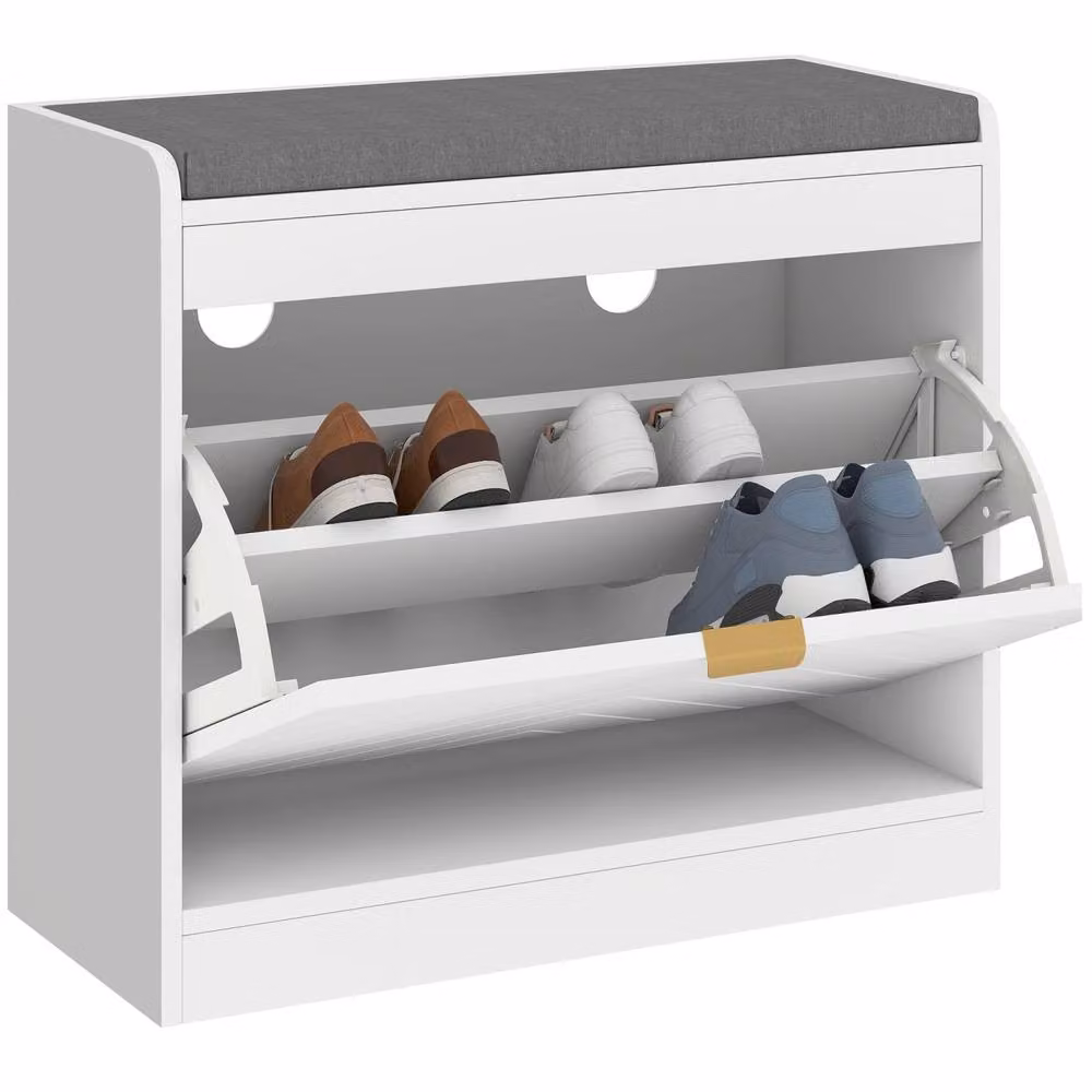 Wyld Haus Baniri White Shoe Storage Bench with Grey Fabric Seat and Gold Accents – 2