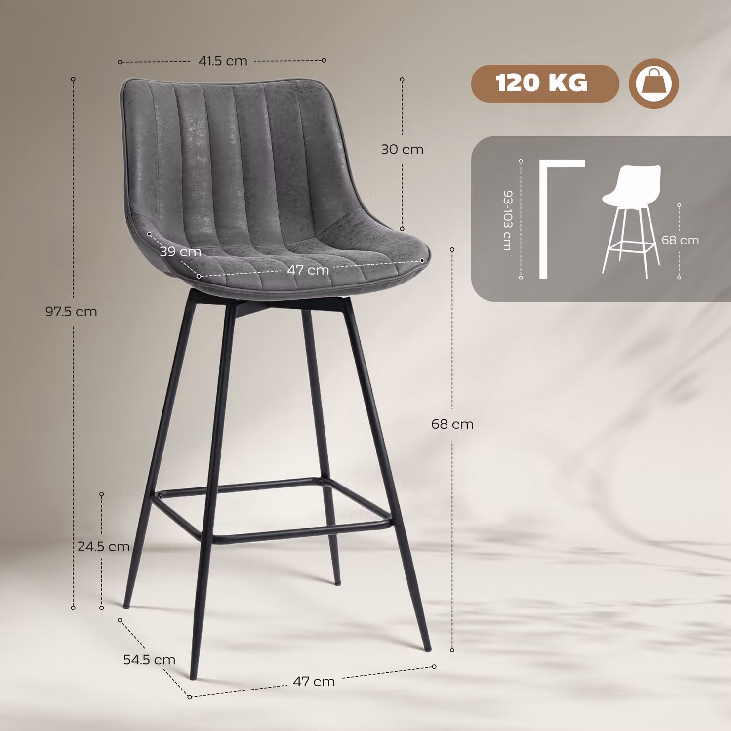 HOMCOM Set of 2 Grey PU Leather Swivel Bar Stools with Metal Legs – 3