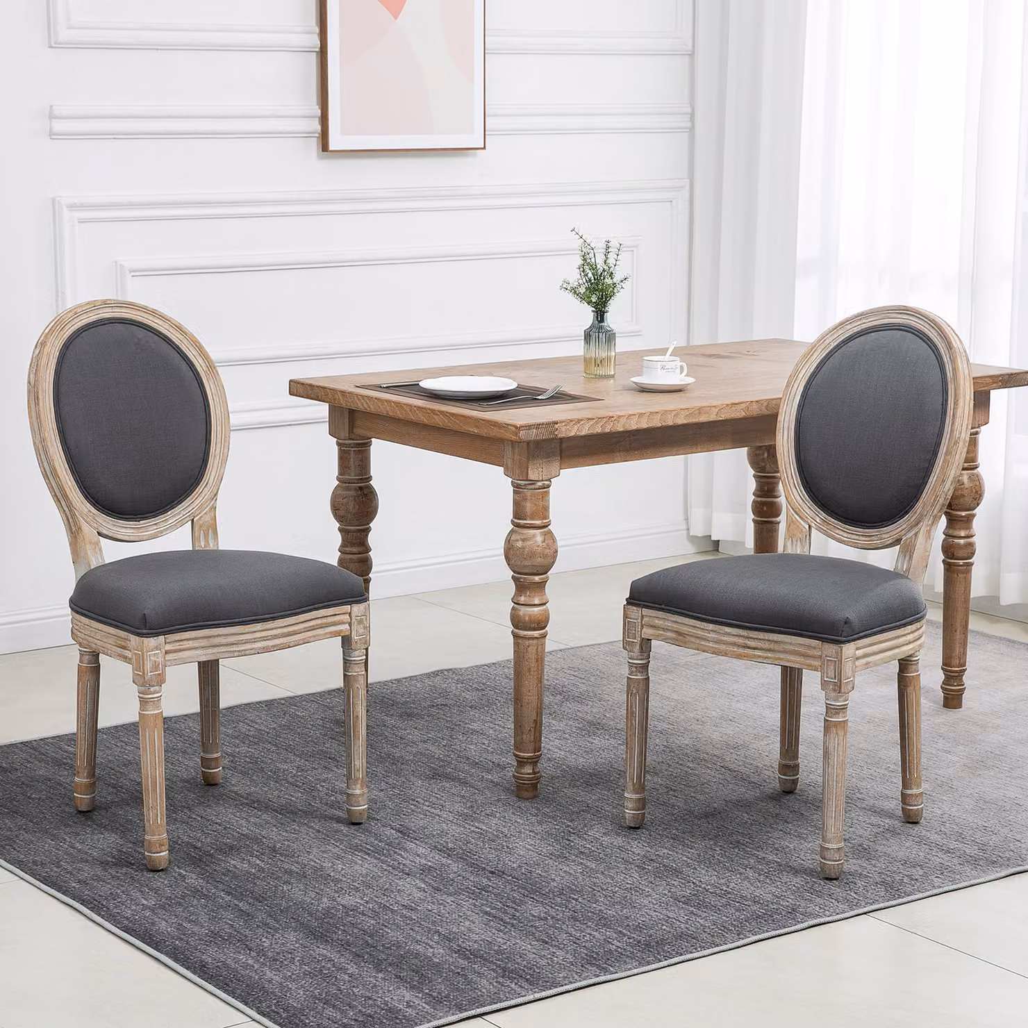 HOMCOM Set of 2 French-Style Dining Chairs in Grey Linen-Touch Upholstery with Rubberwood Legs – 2