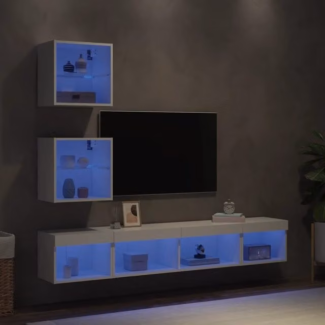 Berkfield Home 5 Piece Modern White TV Wall Unit Set with Integrated LED Lighting and Glass Doors