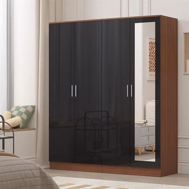 REFLECT Black Gloss and Matt Walnut 2 Door Wardrobe Bundle with Mirror
