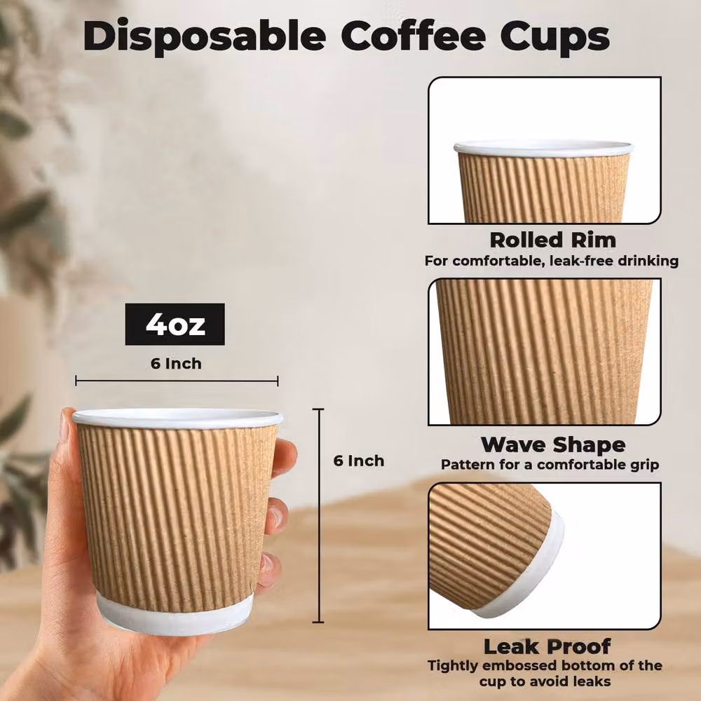 ECONX 500 Disposable 3 Ply Ripple Kraft Paper Coffee Cups, 4oz, Brown – 2