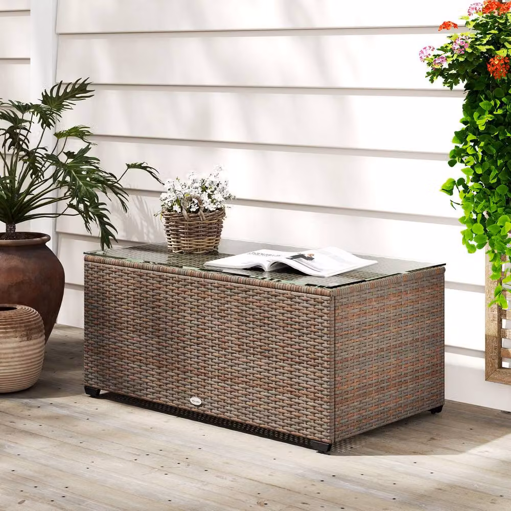 ERGOVEXA Brown Polyrattan Side Table with Glass Top for Garden and Terrace, W: 90 cm, D: 50 cm – 4