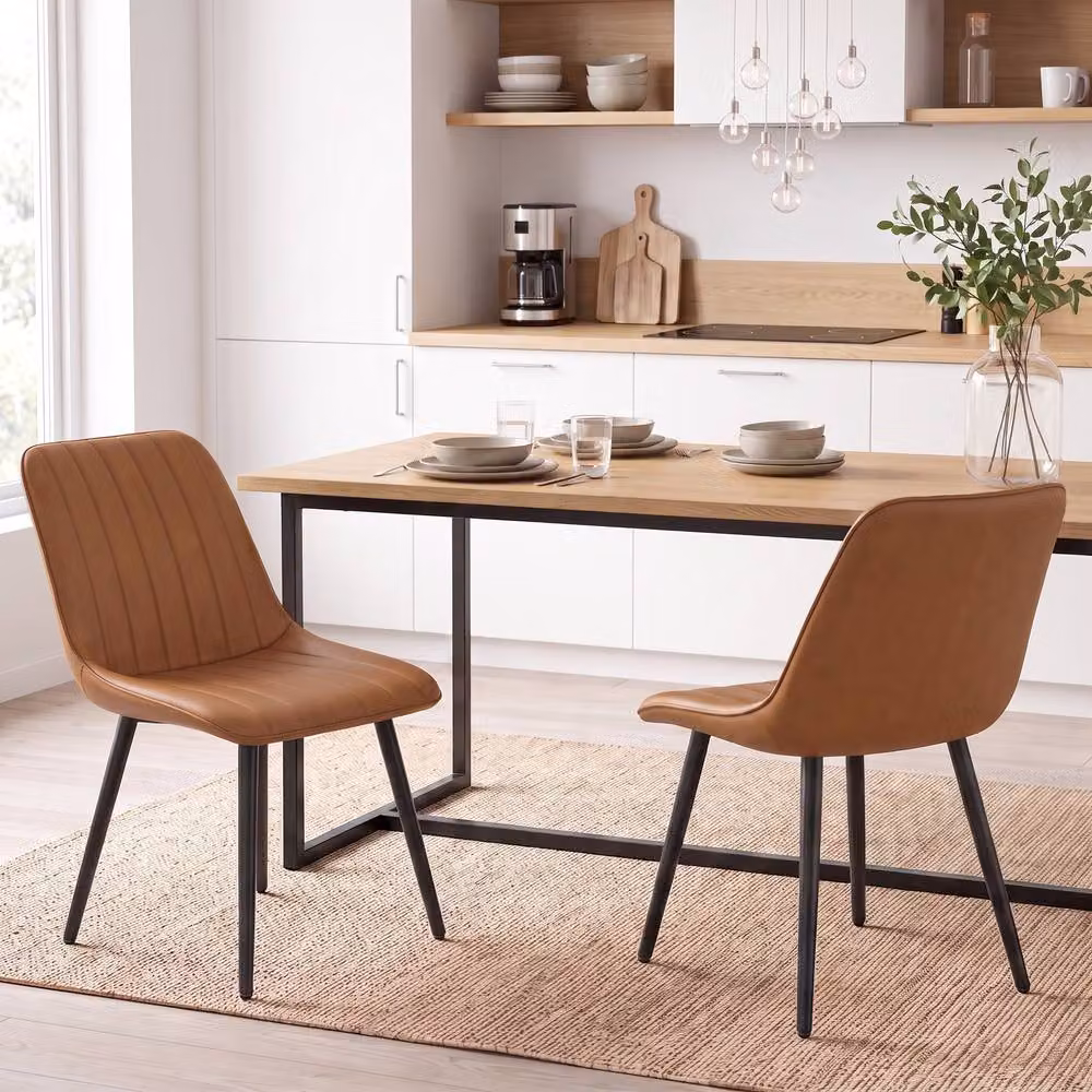 HOMCOM Set of 2 Modern Faux Leather Upholstered Kitchen and Dining Chairs with Metal Legs, Brown – 2