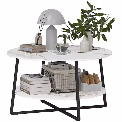 HOMCOM 2-Tier Round Coffee Table with Storage Shelf, White