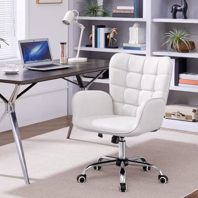 Yaheetech Modern White Synthetic Leather Task Chair with Armrests and 360 Degree Swivel