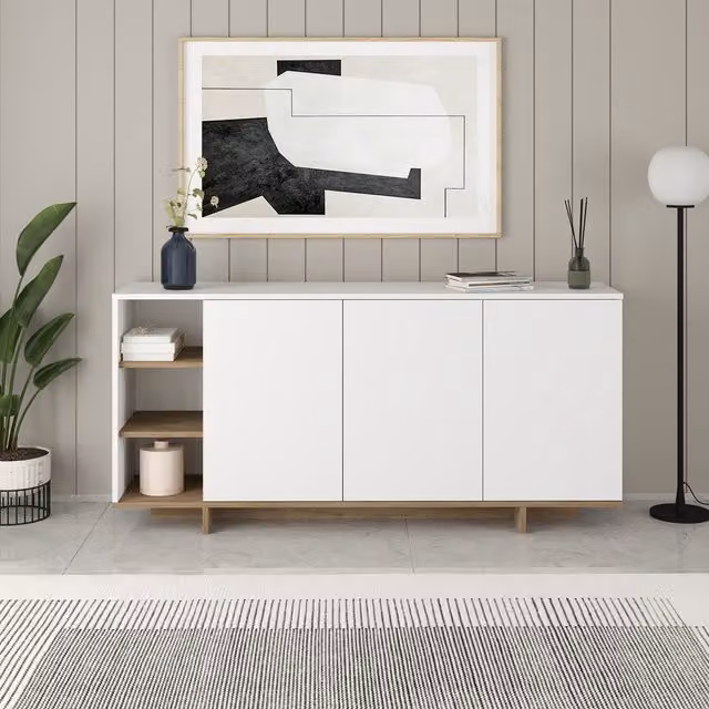 Decortie Modern White MDF 3 Door Sideboard Storage Cabinet Unit with Open Shelves